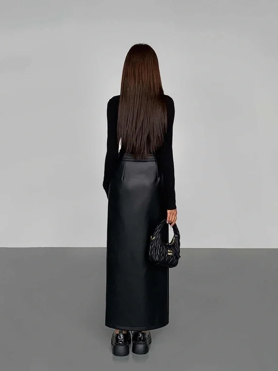 Commense Side Split PU Leather Midi Skirt - Picture 2 of 8